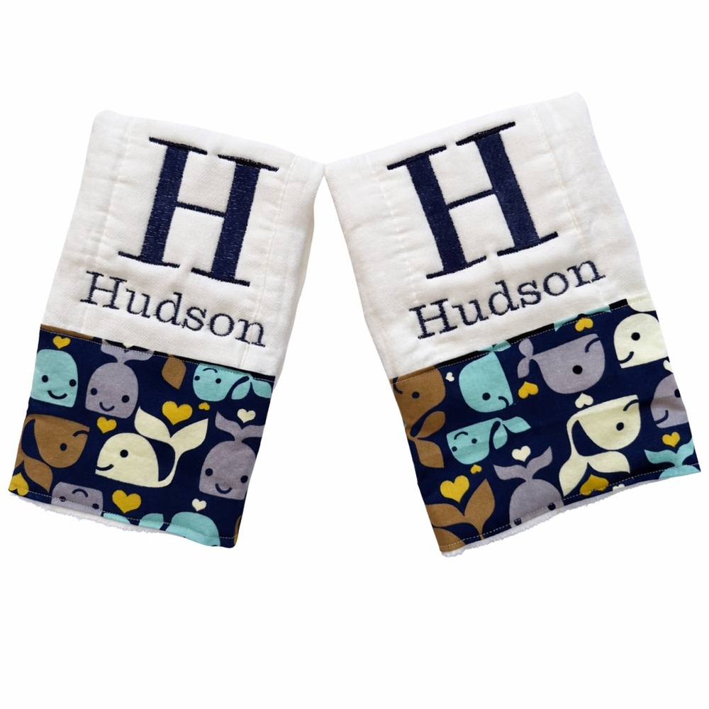 Personalized Whale Print Baby Burp Cloths
